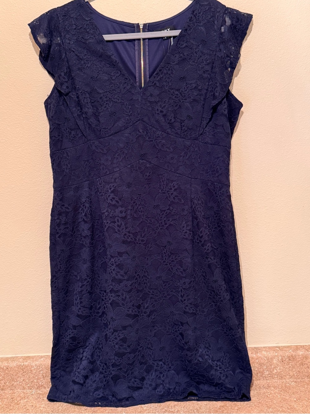 DKNY Women’s Lace V-Neck Sheath - Size 14 - Navy Blue